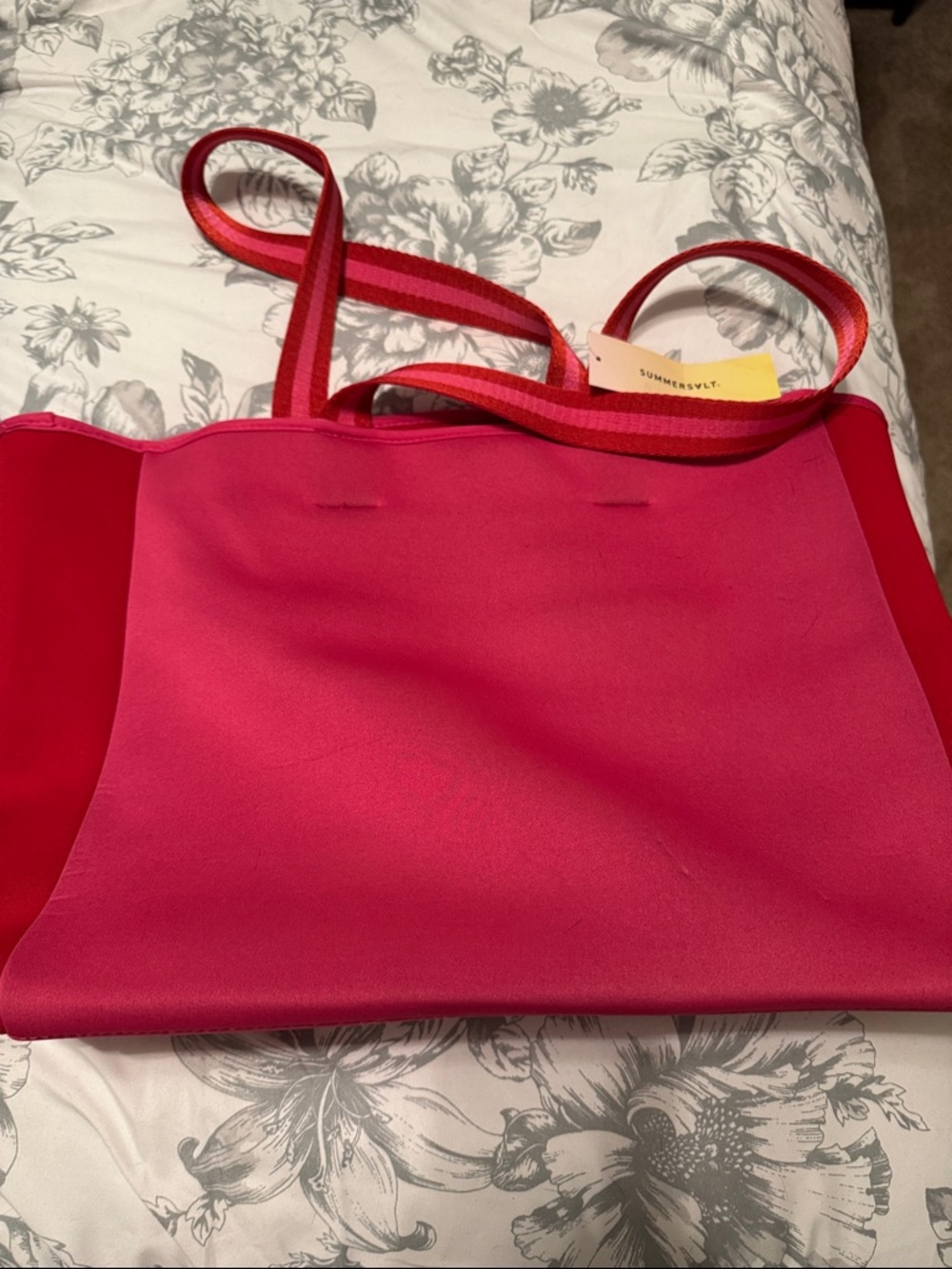 summersalt Hot Pink and Red Neoprene Tote with Striped Handles